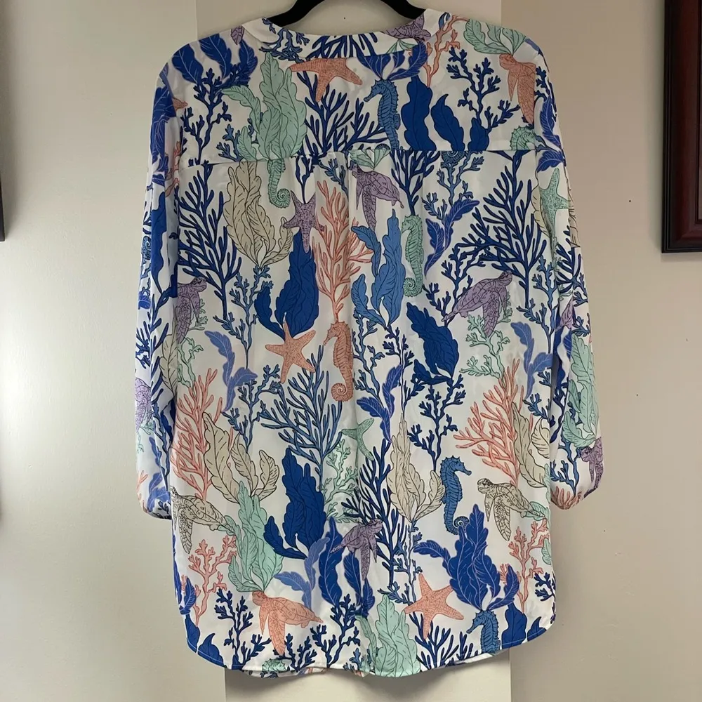Jones New York Ocean Print Blouse Size Large Coastal Beach Vacation Resort - Image 5