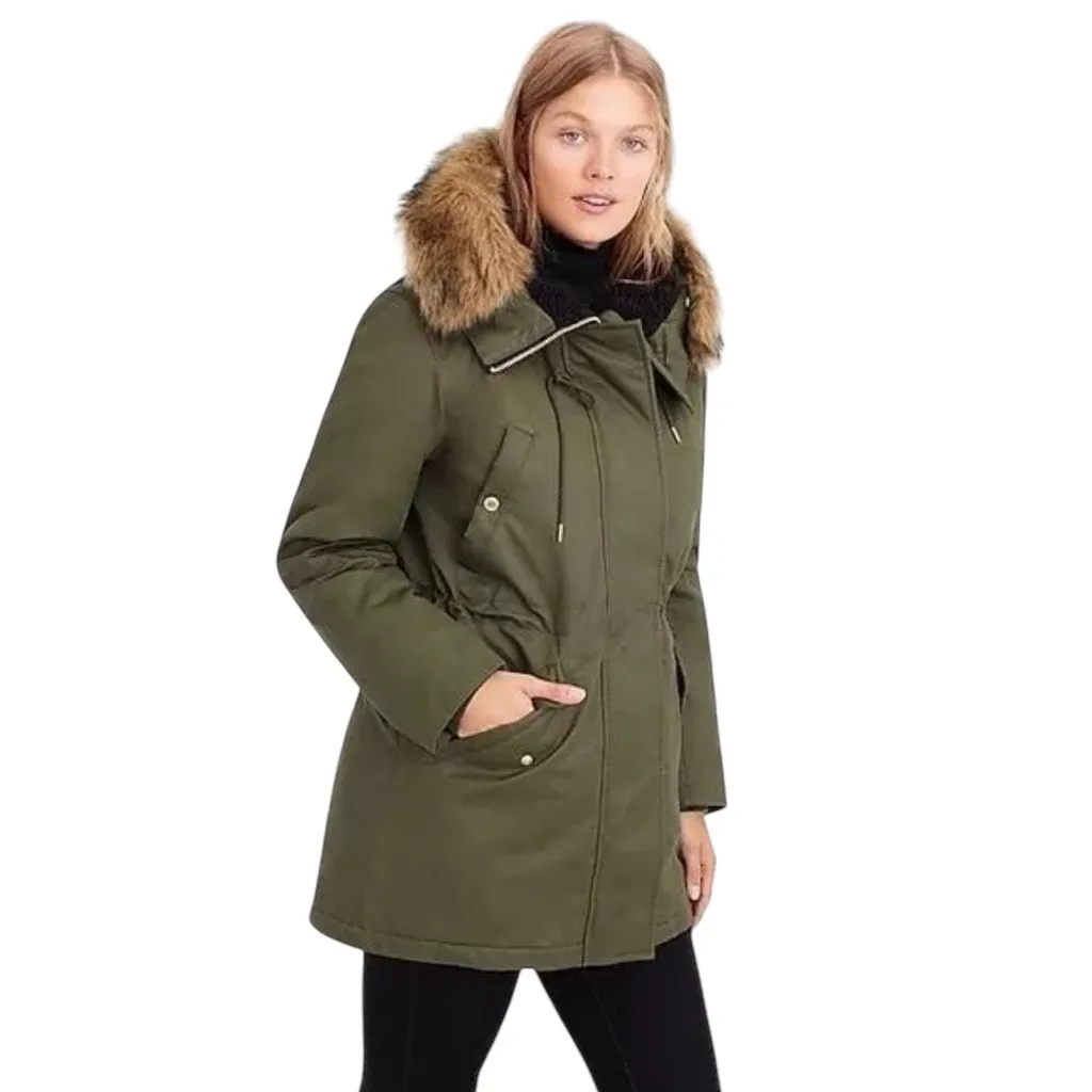 J.Crew Olive Green Utility Parka Petite XS Faux Fur Hood PrimaLoft Jacket EUC - Image 3