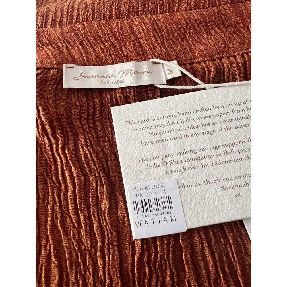 Savannah Morrow Vea Blouse in Papaya NWT M Silk Long Sleeve Tie Front Crop Top Red Size M - Image 6