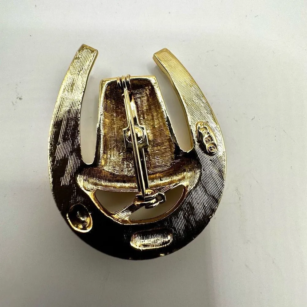 B.j. Vintage horseshoe St. Patrick’s day gold and green enamel brooch - Image 4