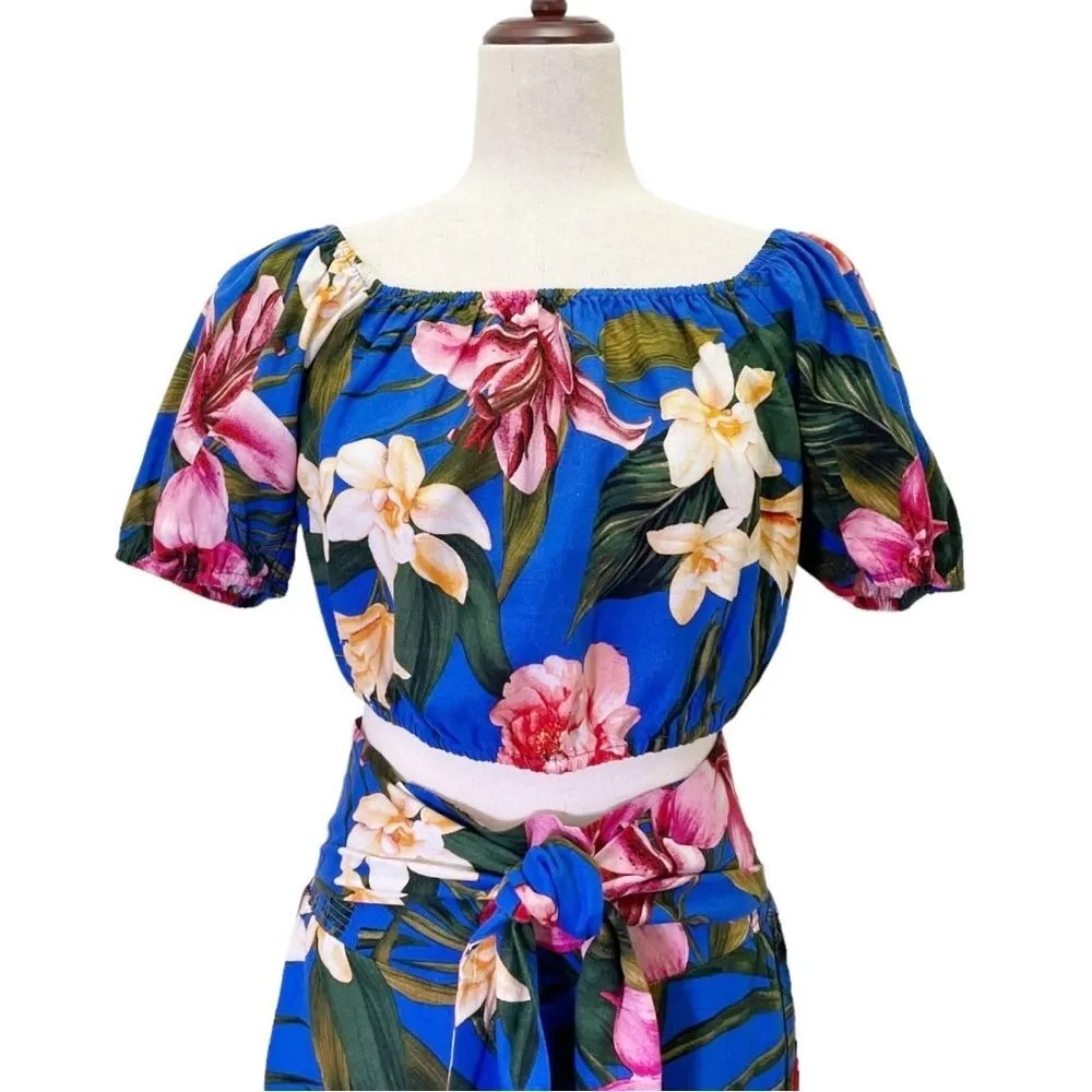 Cupcakes & Cashmere Tropical Blue Linen Crop Top Wide Leg Pant Set Size Small - Image 4