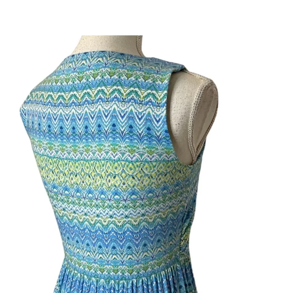 J. Jill Aegean Island Print Blue Green Stretch Maxi Dress Sz XL Wrap V Neckline - Image 8