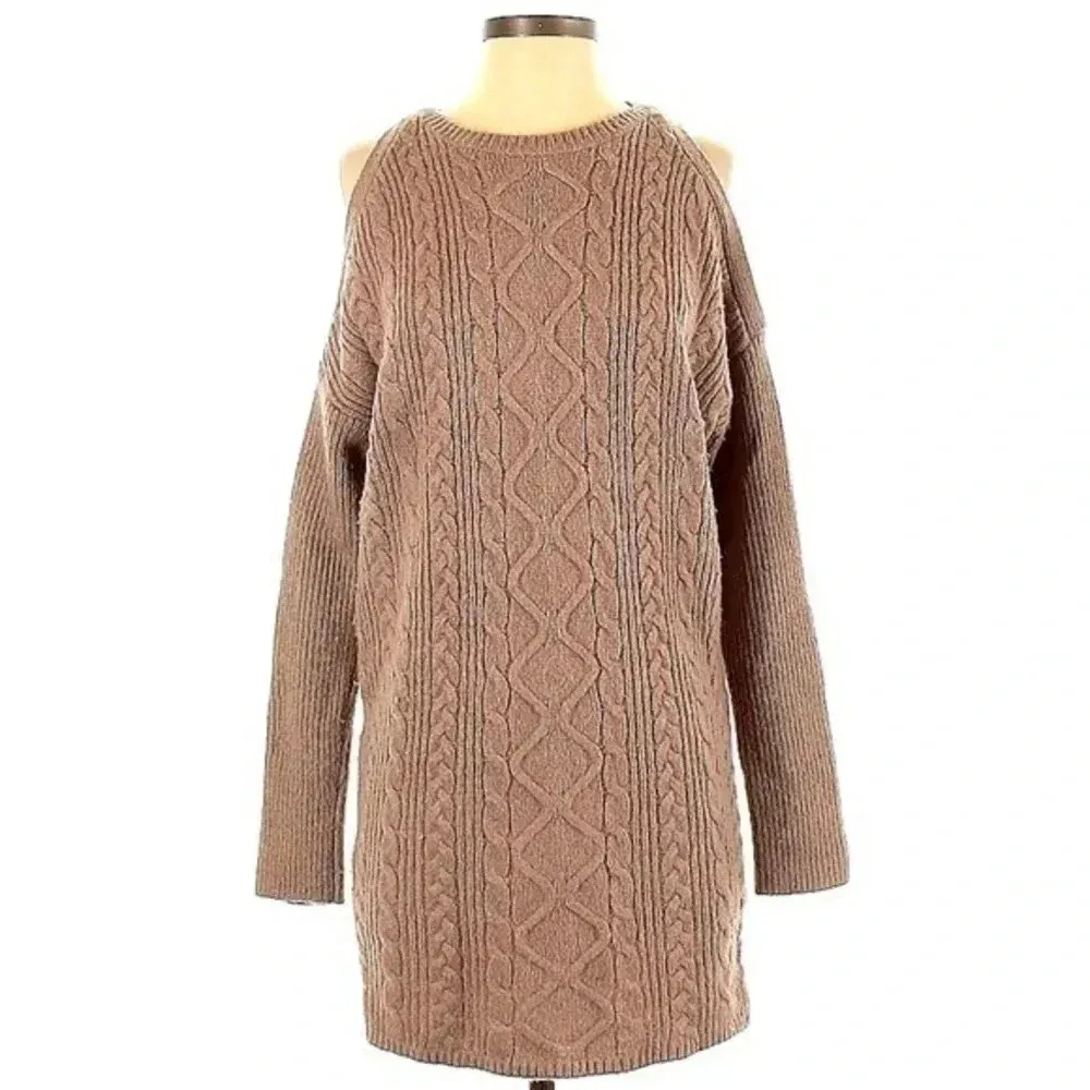 Express | Wool Blend Caramel Tan Ribbed Cold Shoulders Sweater Dress Size XS - Image 3