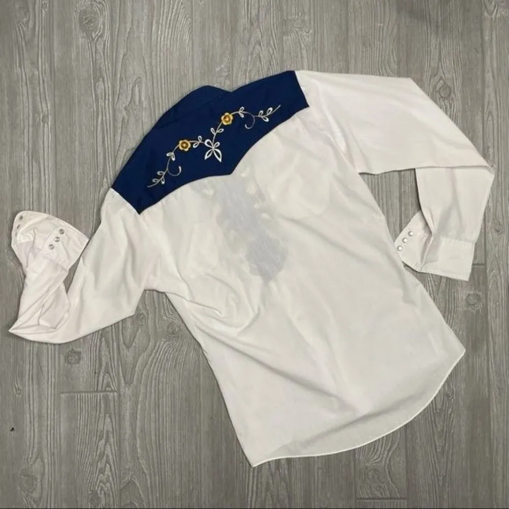 Vintage rio grande western style cowgirl button up long sleeve rodeo shirt med Blue - Image 6