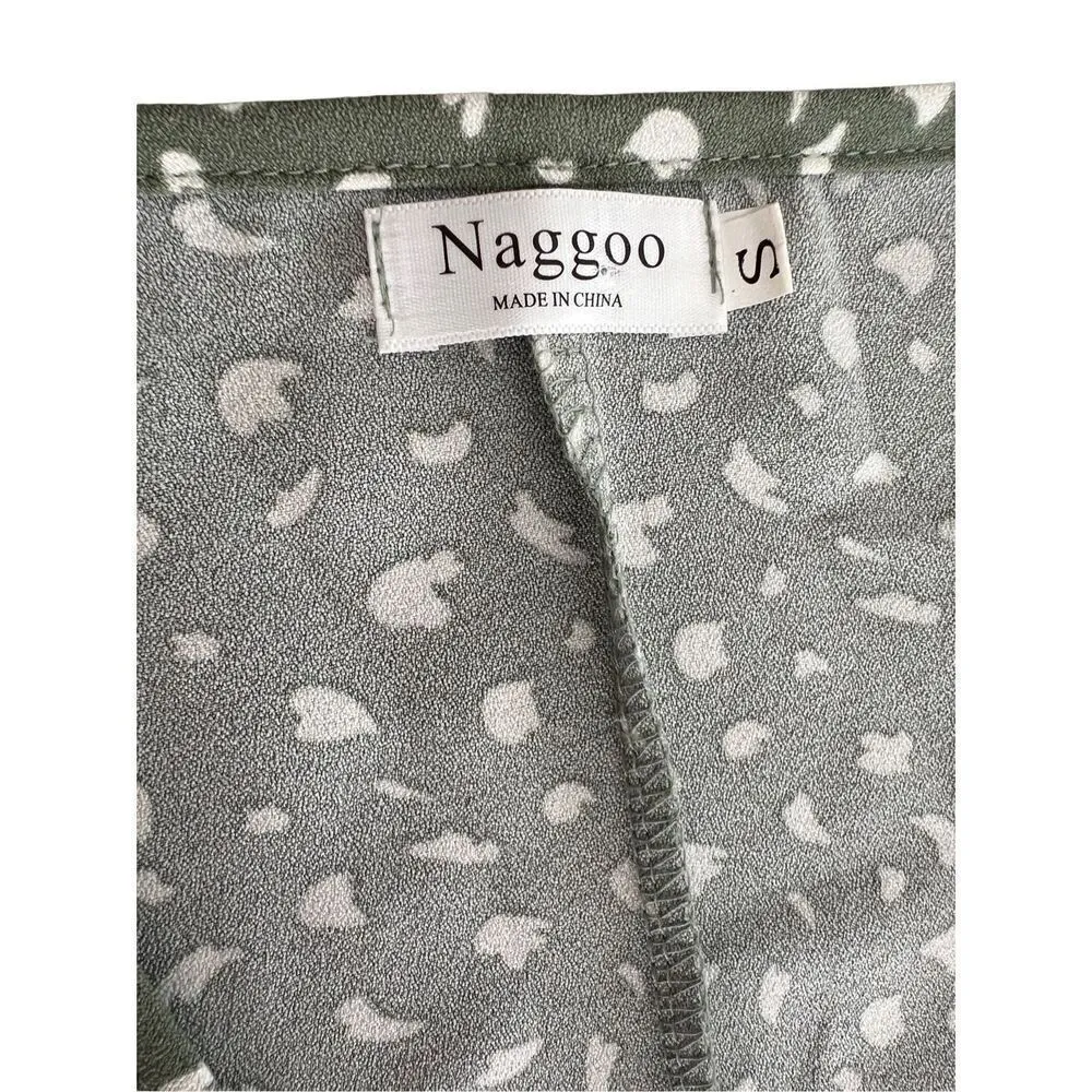 Naggoo Green Cream Wrap Tie Flare Sleeves Dress Women Floral Stylish size S - Image 5