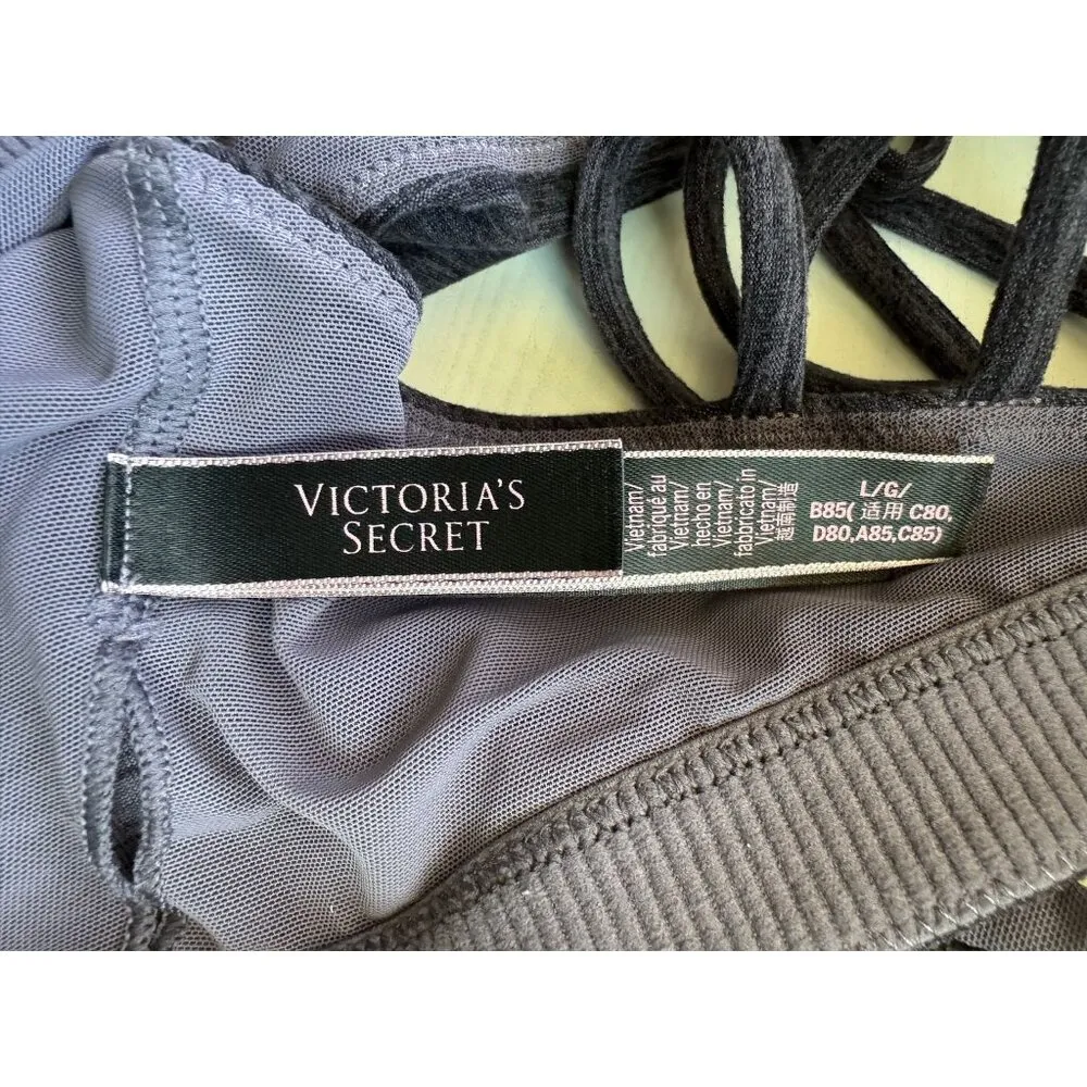 Victoria's Secret Strappy Bralette Gray Purple Wireless Criss Cross Womens Large - Image 3