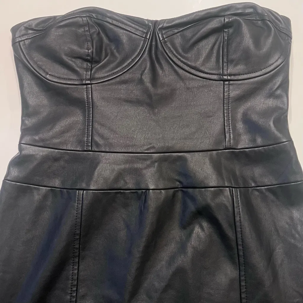Free People Mira Strapless Corset‎ Faux Vegan Leather Midi Dress Black Size 6 - Image 7