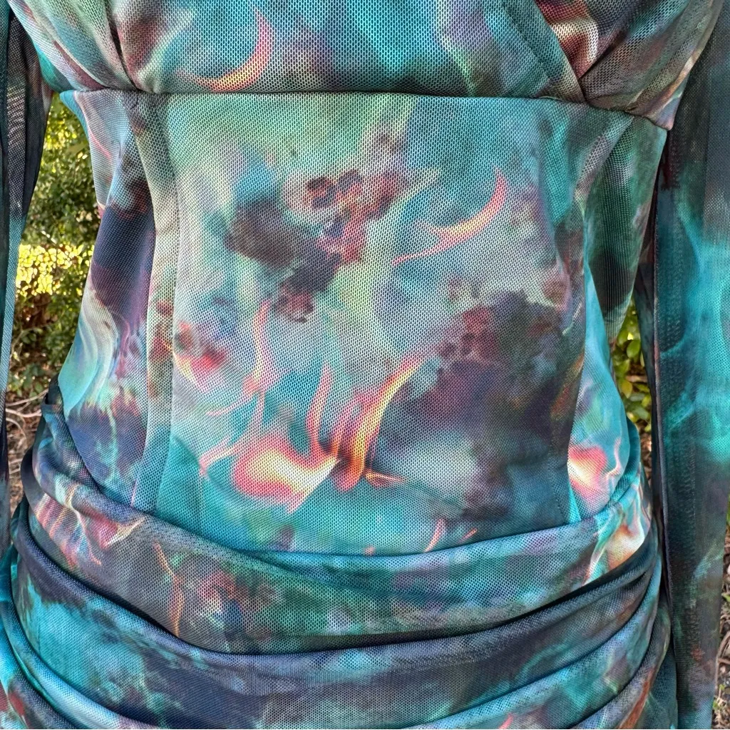 PrettyLittleThing Abstract Flame Print‎ Mesh Corset Ruched Bodycon Dress Size 6 - Image 3