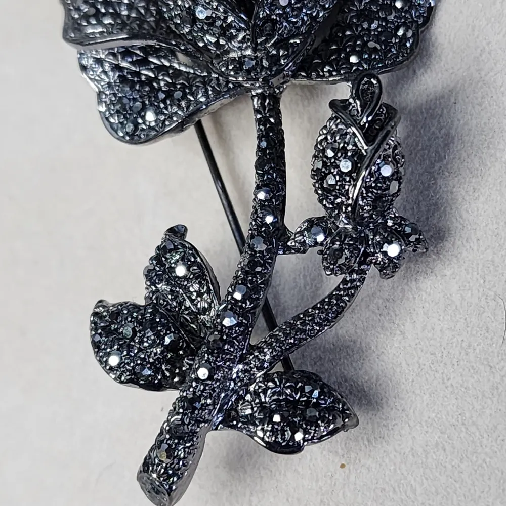 Silver Gunmetal with Crystal Rose Flower Brooch Pin - Image 3