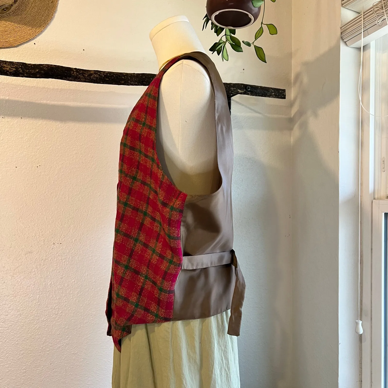 Vintage 90s Pink & Green Plaid Print Button Front Vest Top Size Large USA - Image 4