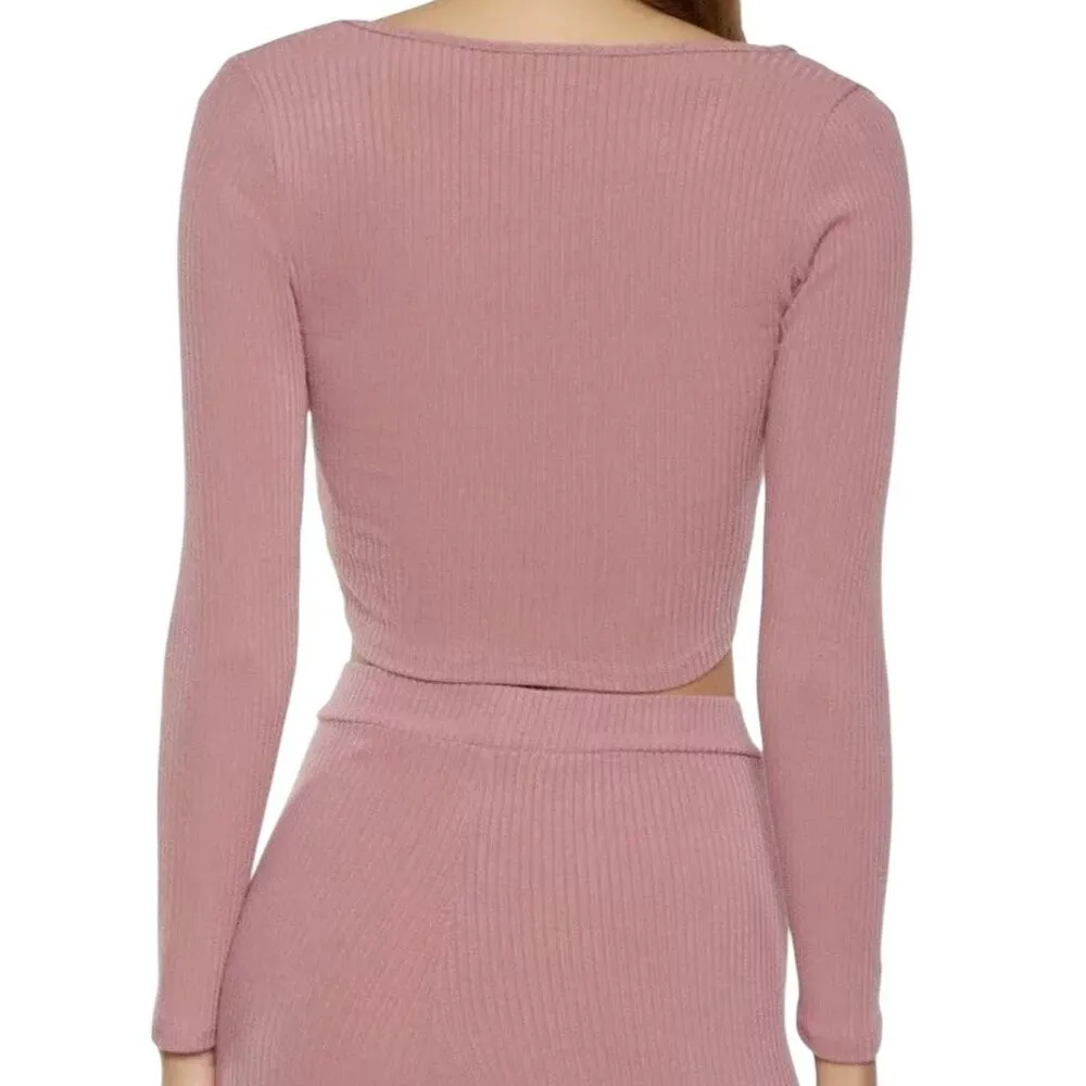 NWT ~ ROMWE Pink Ribbed Front Tie Cropped Long Sleeve Top ~ Women's Size LARGE - Image 3