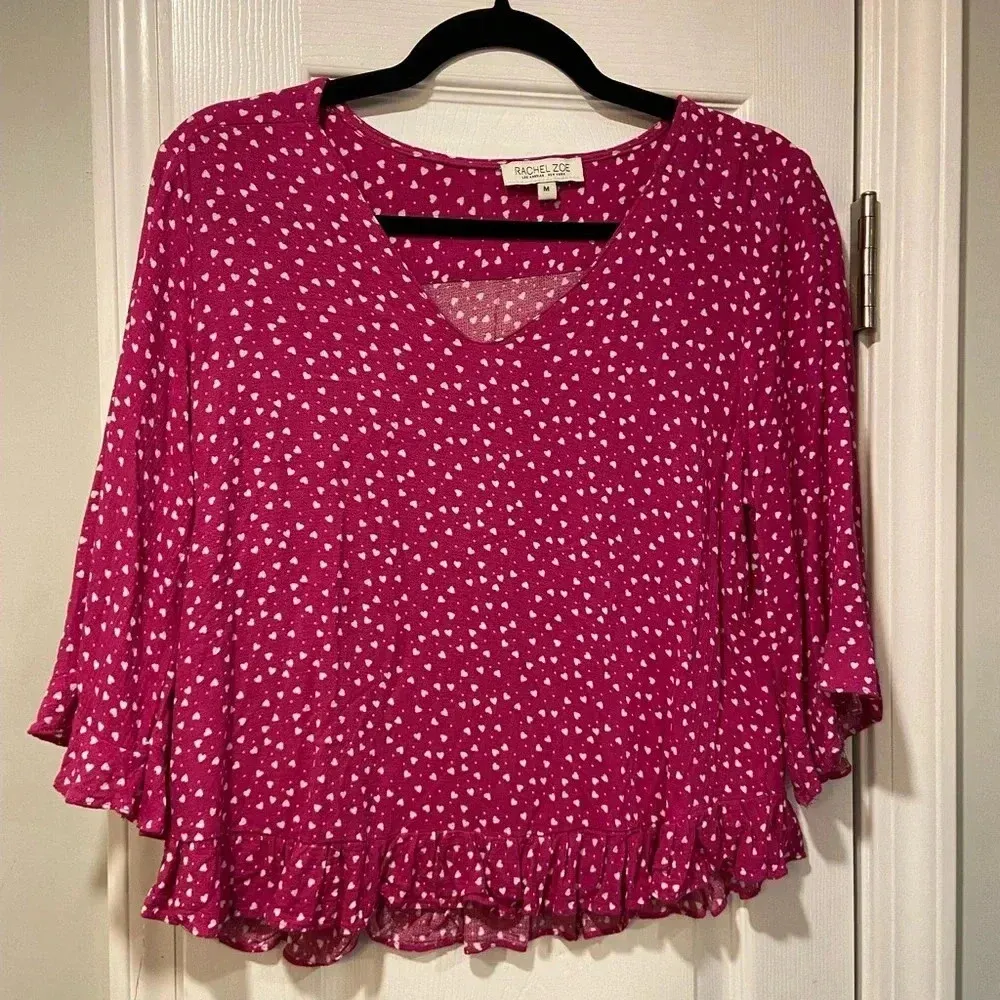 Rachel Zoe Pink White Hearts 3/4 Ruffle Sleeve Peplum V Neck Viscose Top Size M - Image 2