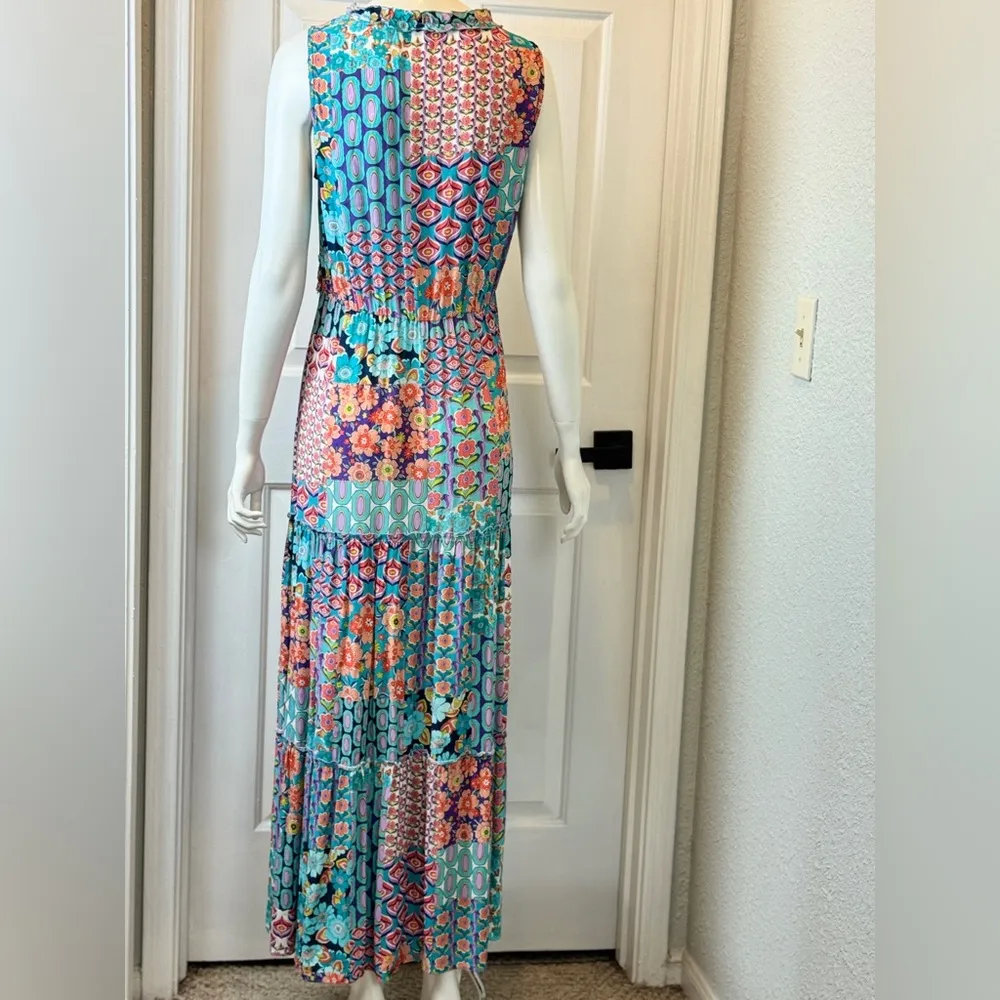 TINTA 100% Viscose Made in Spain Colorful Floral Patchwork Maxi Dress F32 Blue Size M - Image 4