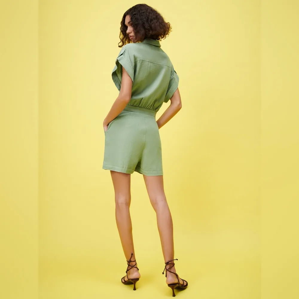 Zara Linen TOPSTITCHED Short JUMPSUIT Romper w/ Belt Green Size XS NEW - Image 6