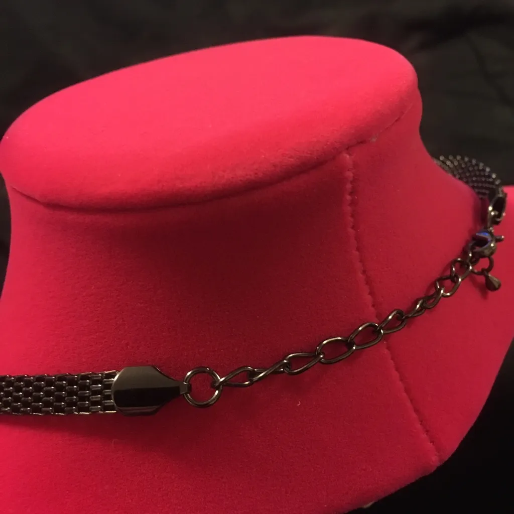 Statement Bib Necklace | Black Pewter & Pearlescent White Stones | Adjustable - Image 3