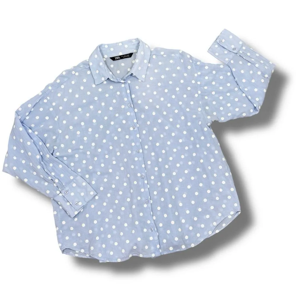 ZARA  Gauze‎ Embroidered Polka Dot Button Up Shirt Blue White Large - Image 11