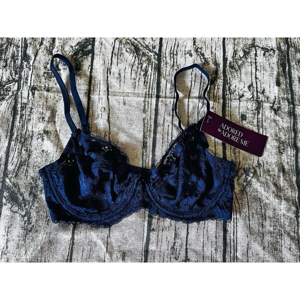 Adored By Adore Me  Women's Chelsey Unlined Underwire Bra Lace Navy Blue 32B NWT - Image 3