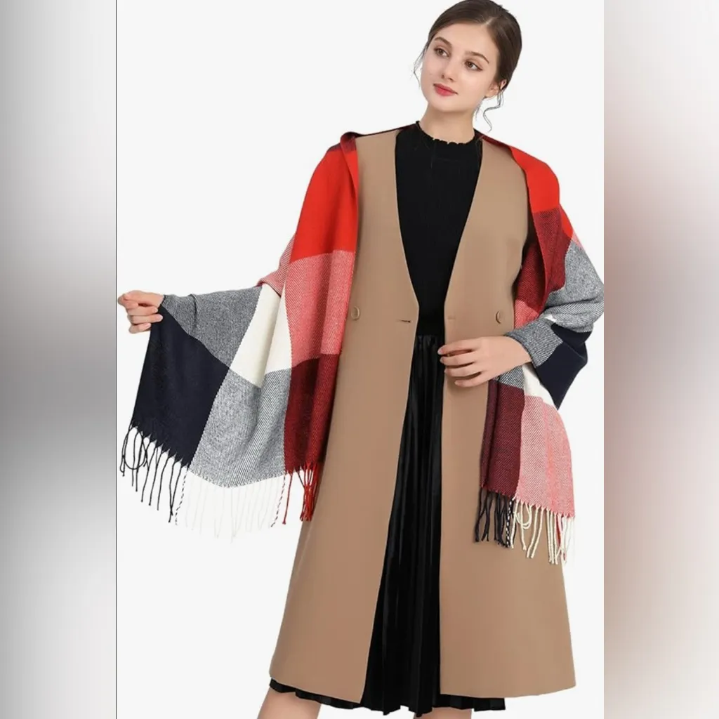 Women Soft Tartan Shawls, Warm Wraps, Wool Spinnin Scarf, Cashmere Feel, Red - Image 2