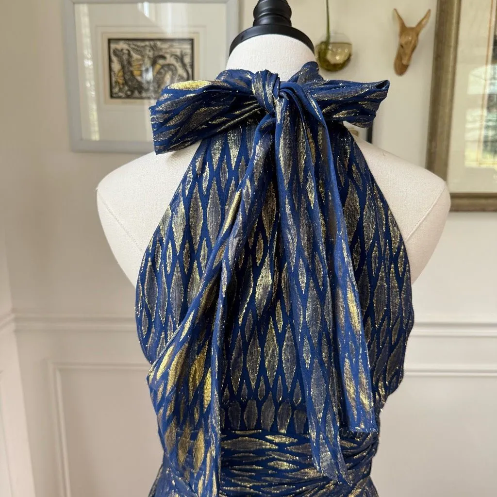 NWOT Halston Heritage Scarf Neck Short Dress Saphire Blue Gold Diamond Scarf Nec - Image 7