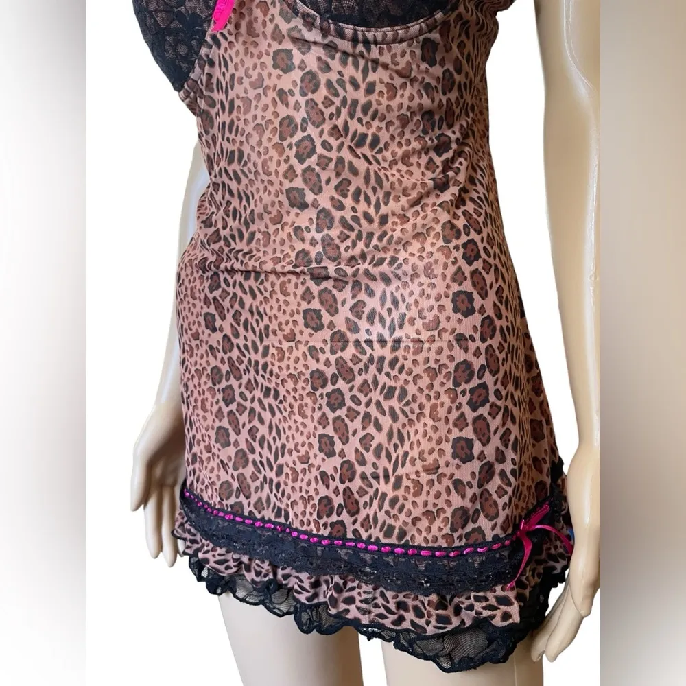 Per Lei Hot Pink Brown Leopard Print Push Up Bra Ruffle Lingerie Mini Slip Dress Size XL - Image 3