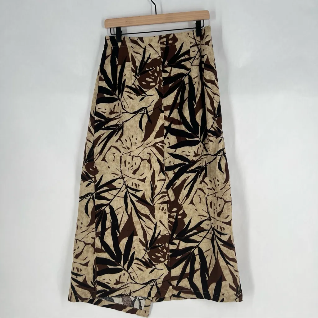 Marla Kim Linen Cotton‎ Wrap Maxi Skirt Brown Black Leaf Print Boho Size L Size L - Image 6