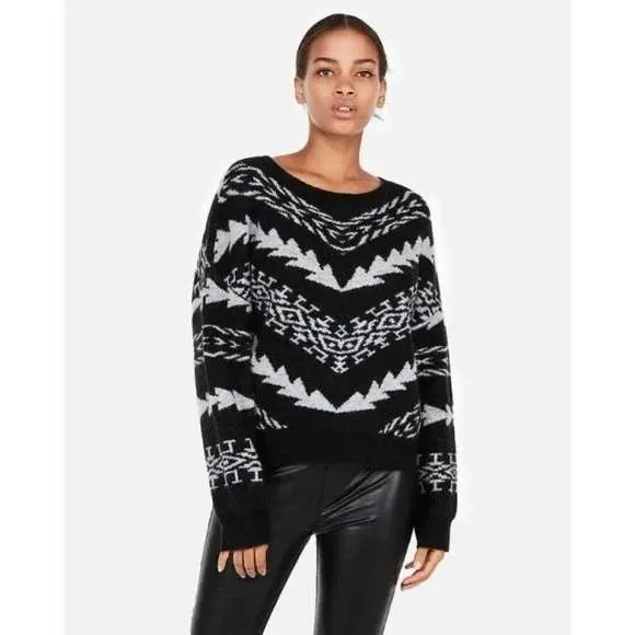 Express Miltered Pullover‎ Sweater Womens Size Medium Black Aztec Geometric Knit - Image 8