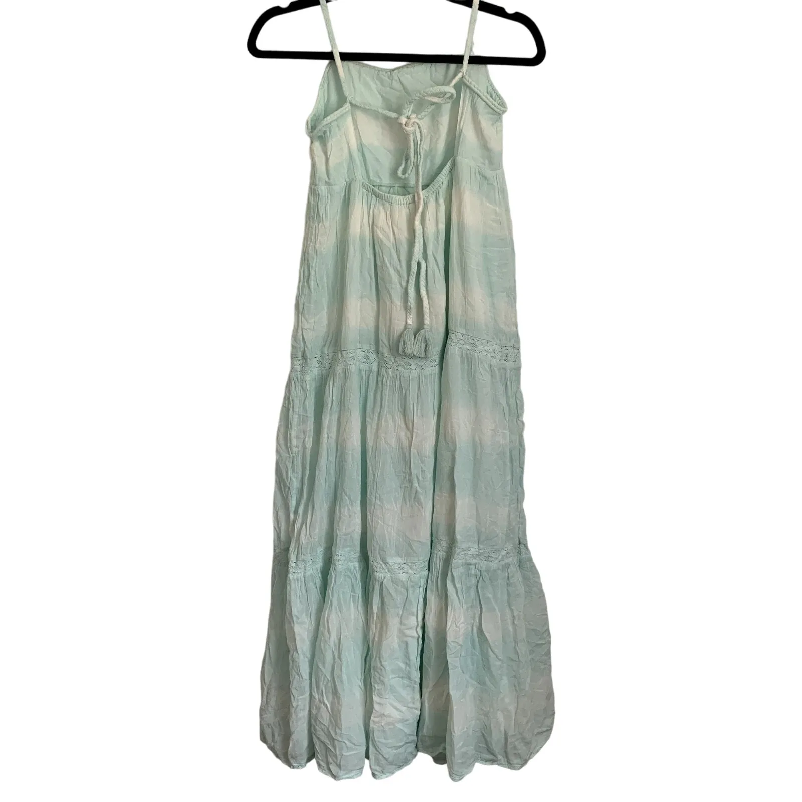 NWT Aerie Sz S Beachy Tiered Maxi Dress Light Blue Ivory Lace Inlay Tassel - Image 3