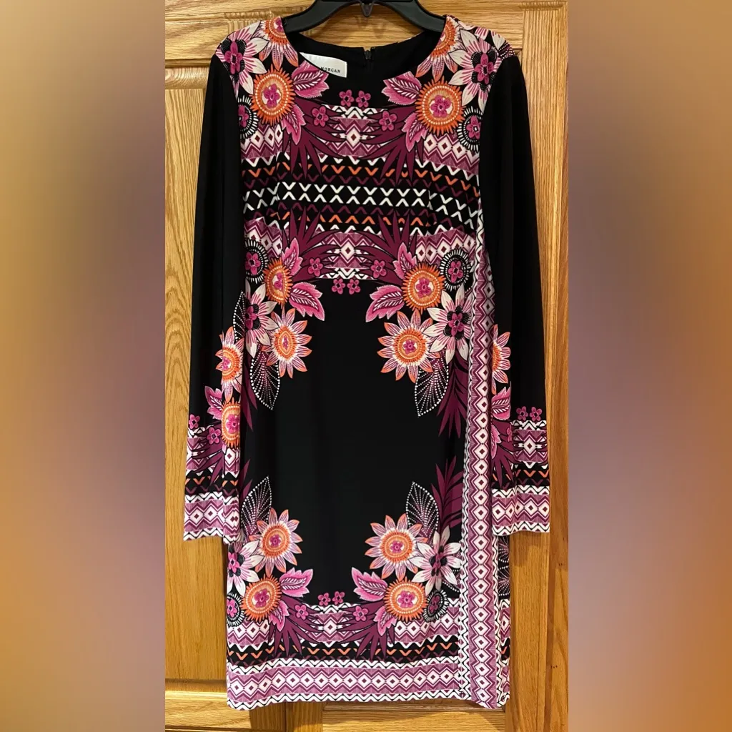 Donna Morgan 3/4 Sleeve Pink Floral‎ Print Stretch Jersey Shift Black Dress Sz 2 - Image 2