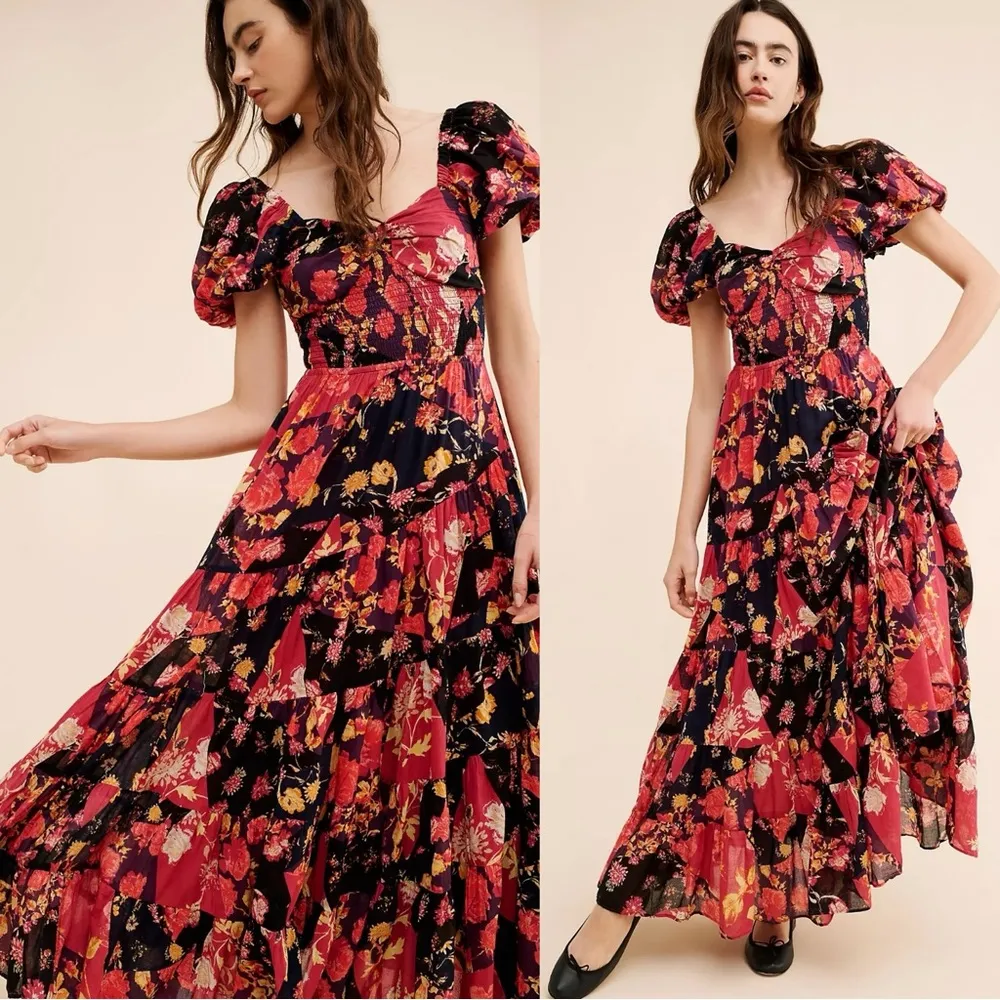 Free People Bohemian Sundrenched Short Sleeve Maxi Dress Red Floral NWT Ruffle - Image 2