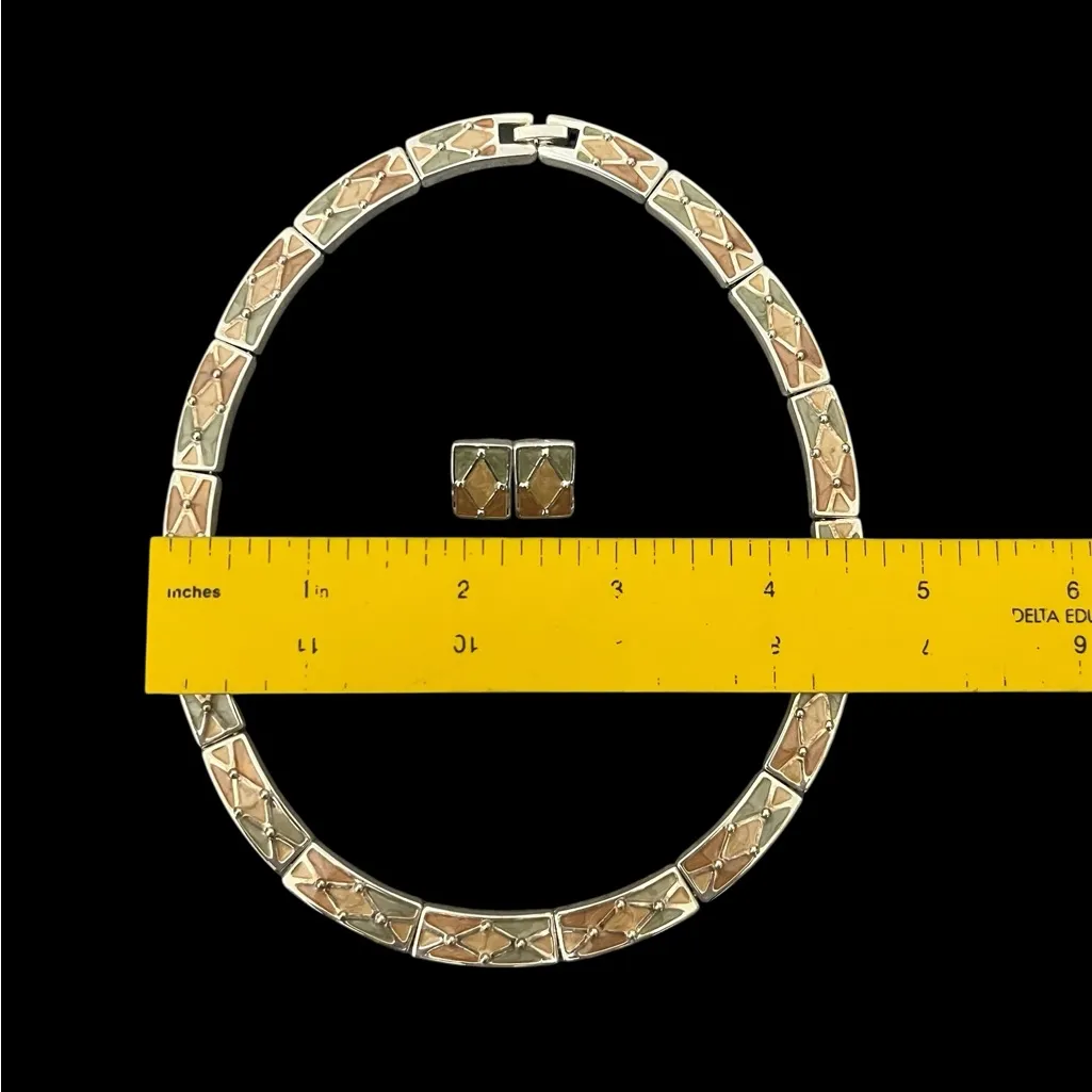 Vintage Art Deco Harlequin Green Beige Enamel Choker Earrings Jewelry Set - Image 11