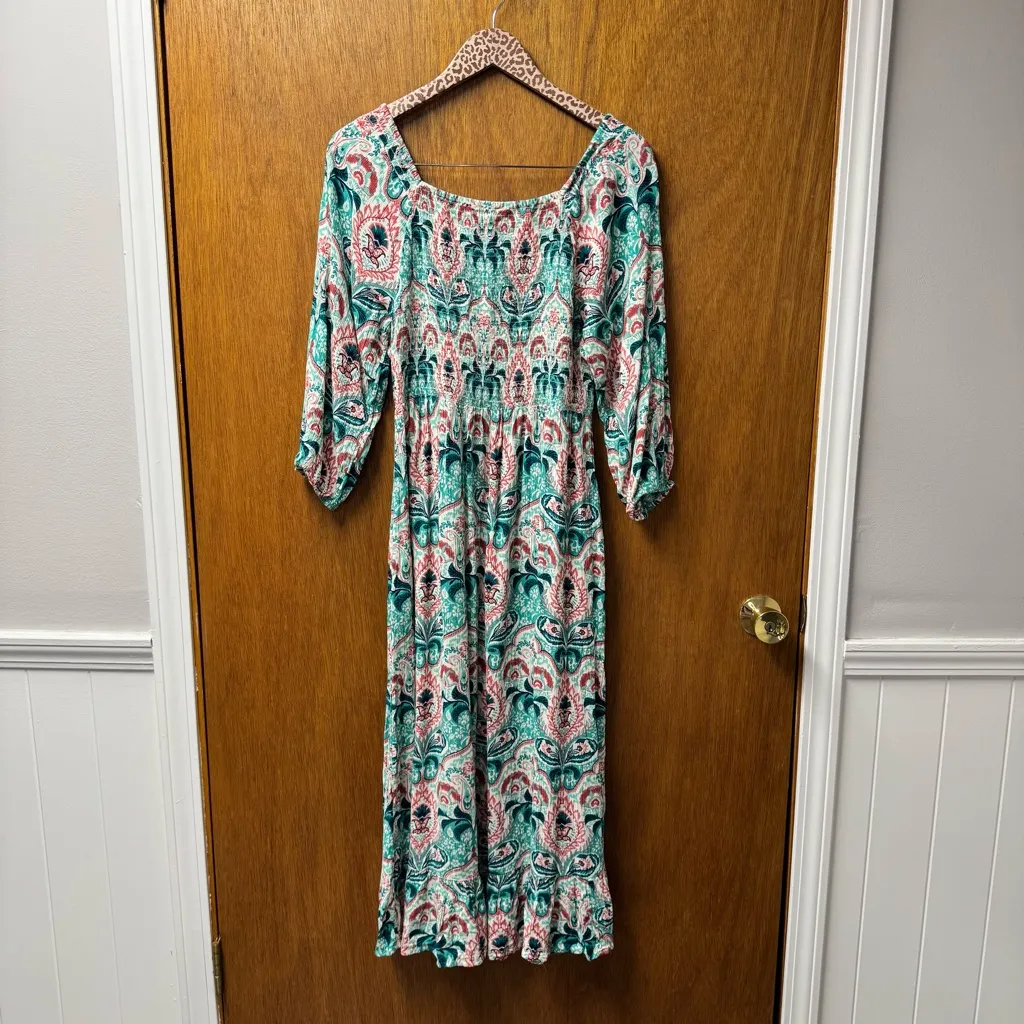 Fat Face Adele Mirrored Paisley 3/4 Sleeve Smocked Square Neck Midi Dress 8 Blue - Image 14