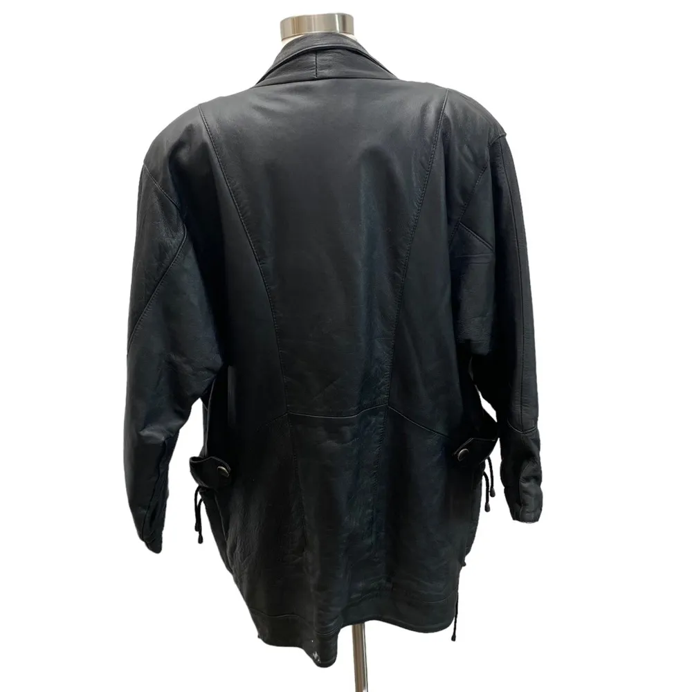 Vintage Longline Leather Jacket/Coat In Black Pirate Grunge Unisex Style Size L - Image 5
