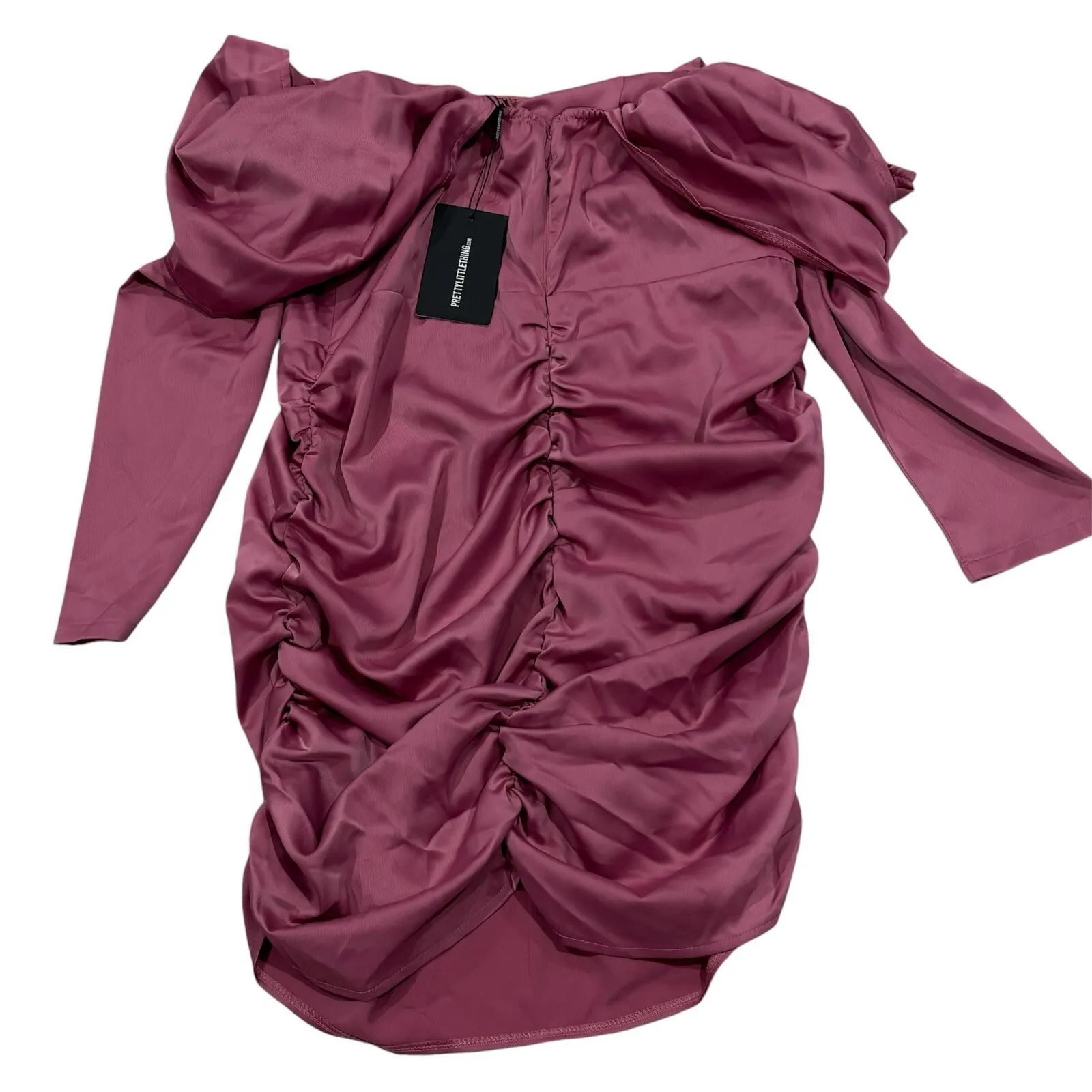 PrettyLittleThing‎ Pink Satin Drape Bardot Sleeve Ruched Back Bodycon Dress 16 - Image 3