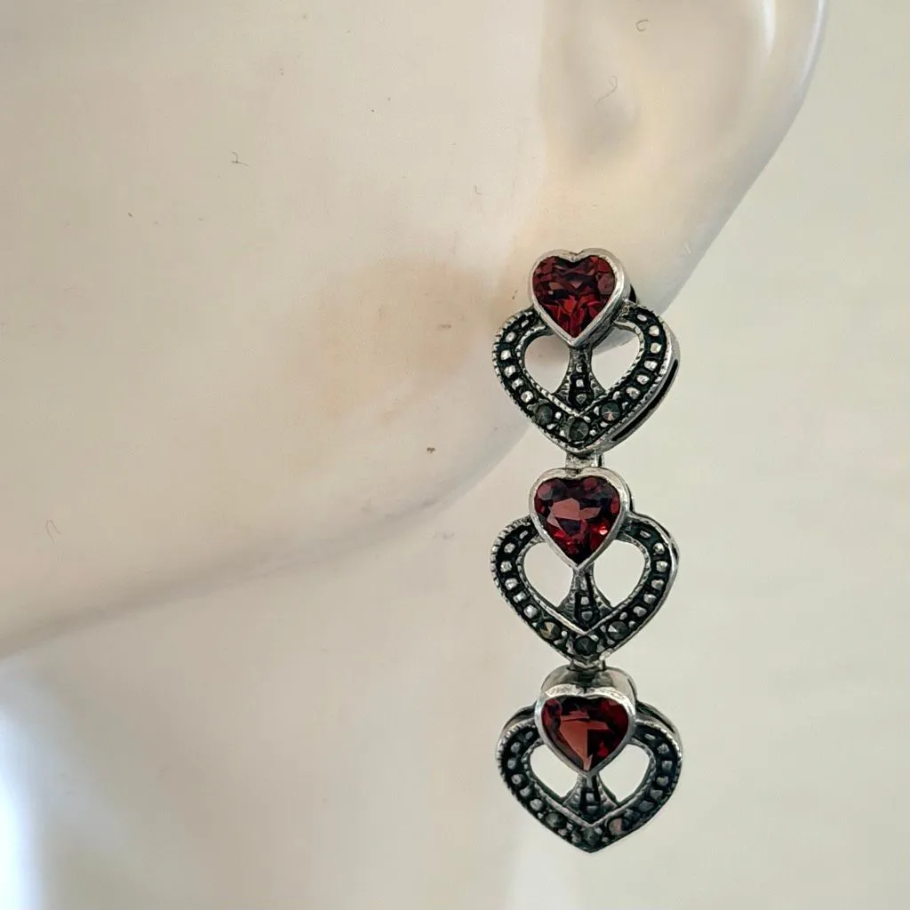 Sterling Silver Marcasite & Garnet Heart Drop Earrings - Image 2