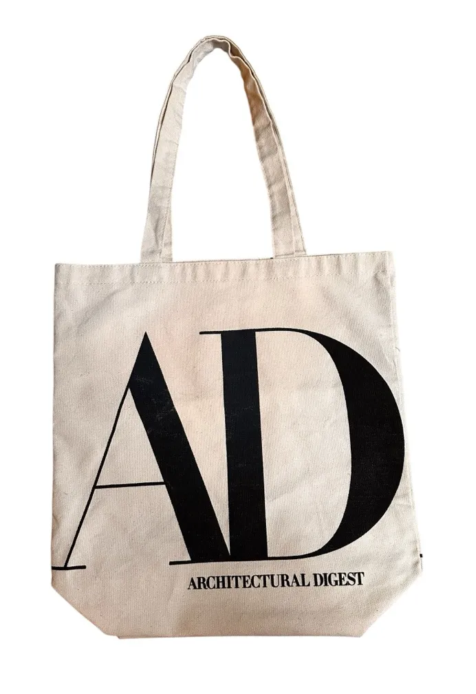 Architectural Digest Canvas Tote Bag Book Carry Handbag Beige Spell Out Washable Black - Image 1