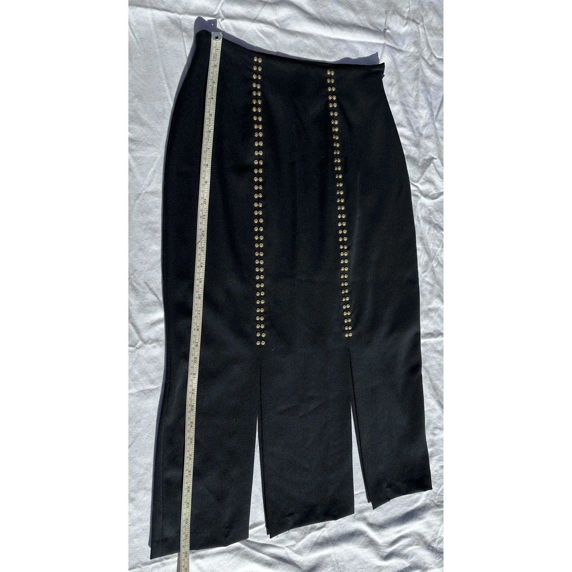 Erez Collections Midi Bedazzled Skirt 100% Wool Gold Studs Slits Black Women's S Size 12 - Image 5