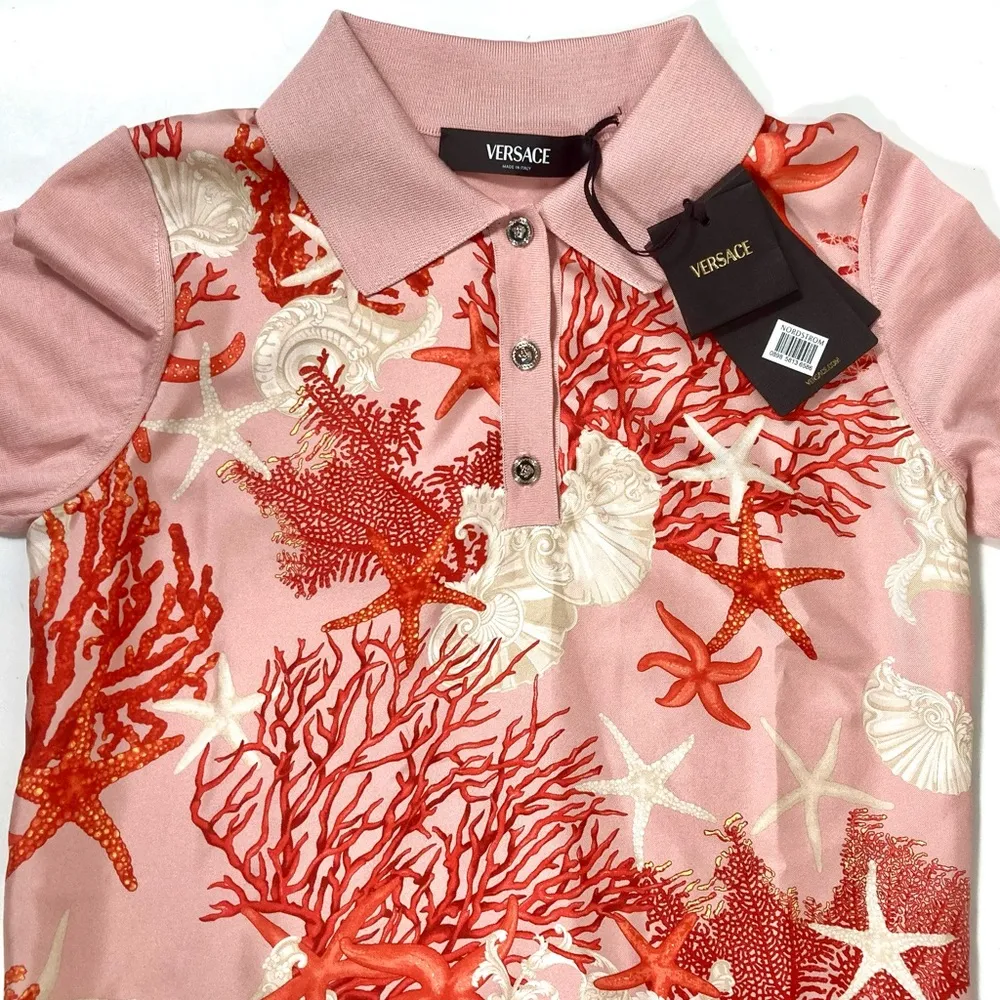Versace Barocco Sea Silk Wool Knitted Polo Shirt Pink La Vacanza 2024 36 IT NWT - Image 14