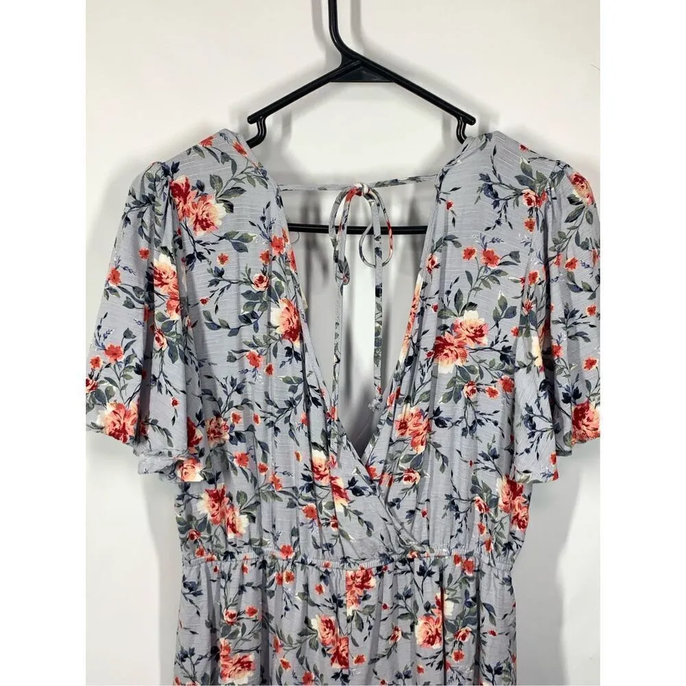 Altar'd State Womens Floral Short Flutter Sleeve V-Neck Romper Multicolor Medium - Image 4