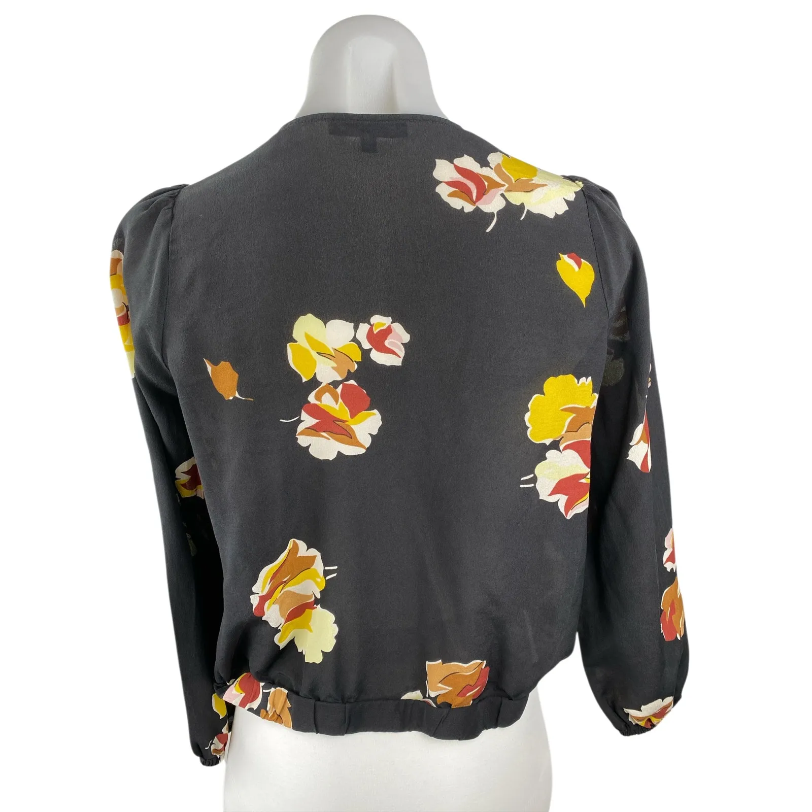 Madewell Black Floral 100% Silk Long Sleeve V Neck Cropped Blouse Top Size XS - Image 2