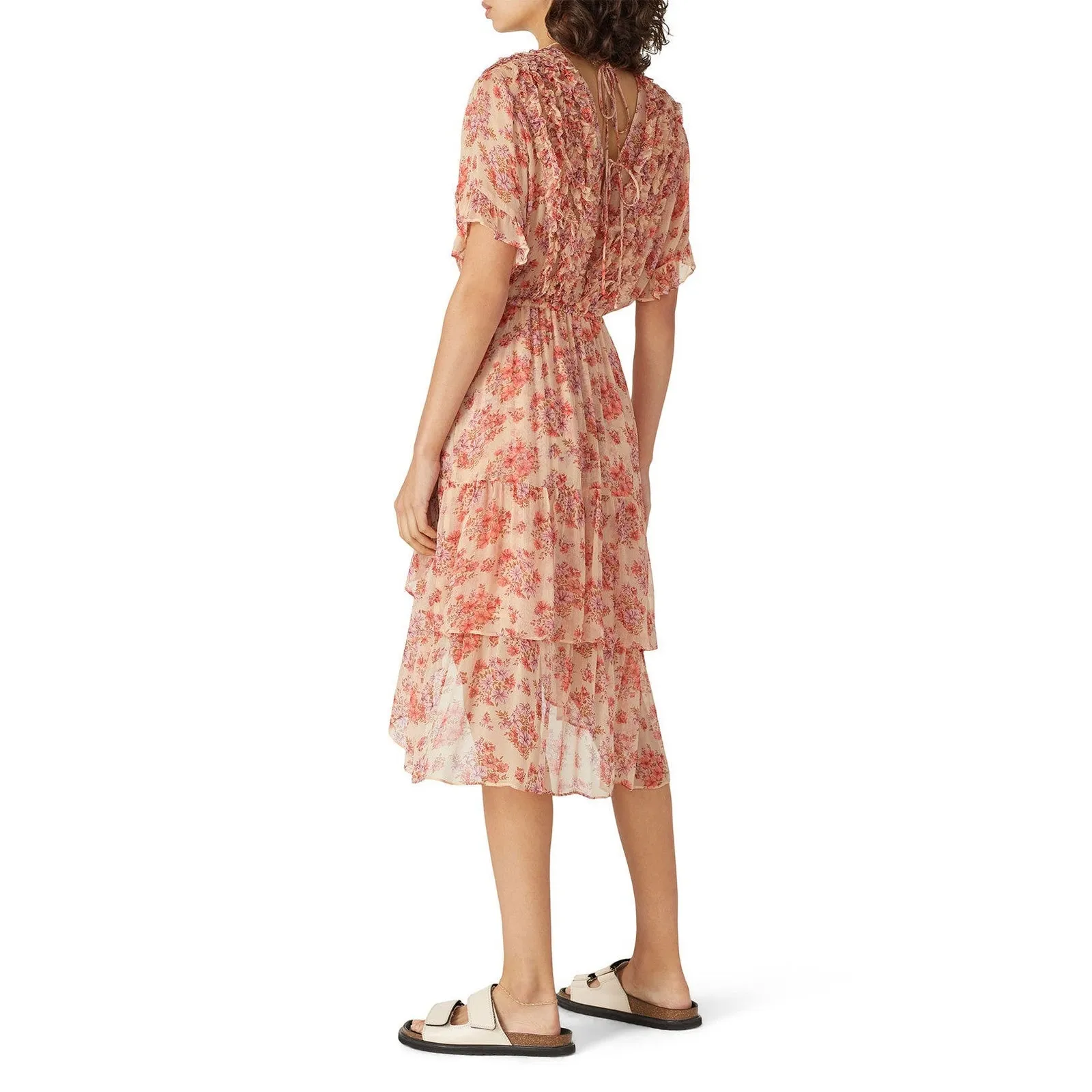 THE KOOPLES Pink Floral Ruffle Hemline Midi Tie Back Floral Frill Dress sz 1 - Image 6