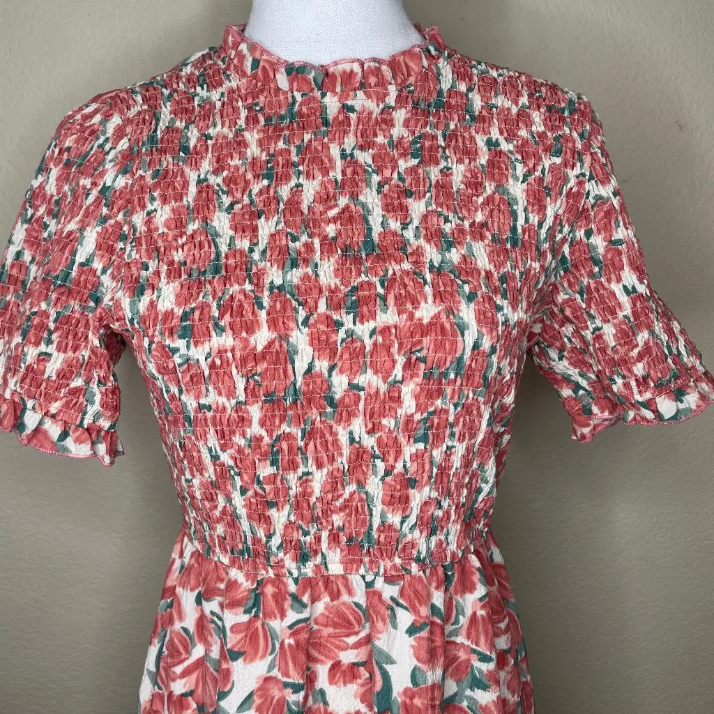 Hayden Los Angeles Women Floral Smocked Top Ruffle Mid Dress Small Romantic Boho Red - Image 2