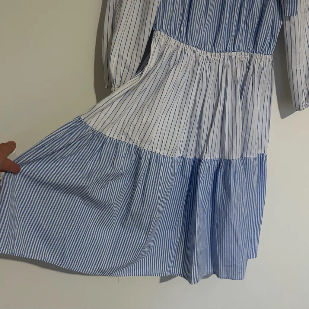 Line & Dot Anthropologie Blue & White Striped Off Shoulder Prairie Dress Medium - Image 4