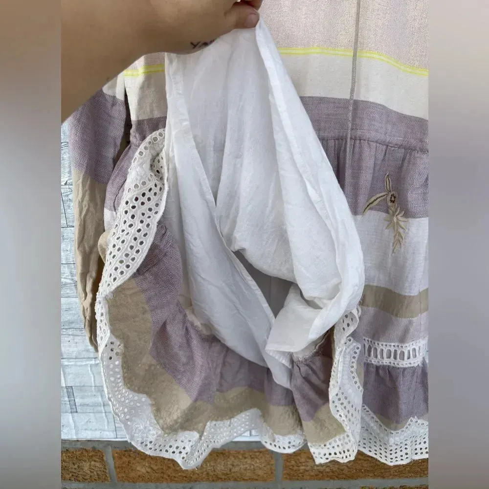 HEMANT & NANDITA Mana Striped Embroidered Cotton Blend Mini Dress small Tan - Image 12