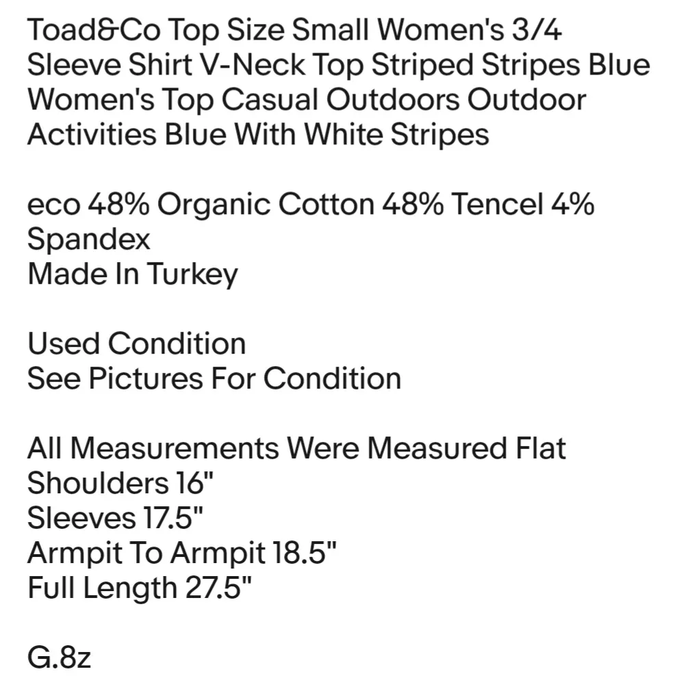 Toad&Co Top Size Small Women's 3/4 Sleeve Shirt V-Neck Top Striped Stripes Blue - Image 2