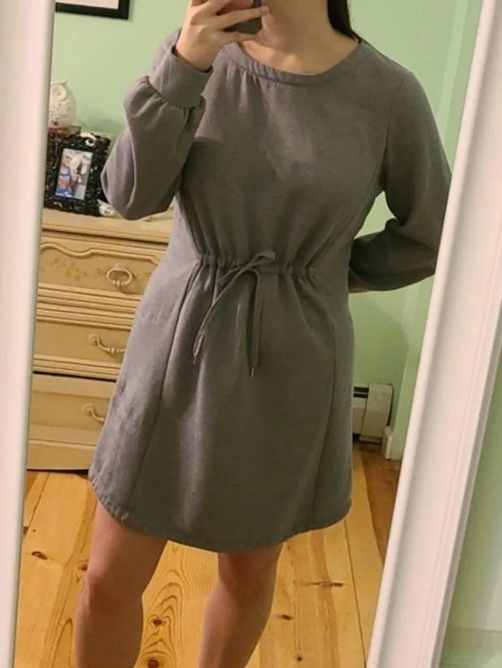 A New Day Sweatshirt Mini Dress S Tie Waist Fleece Lined Gray Cozy Spring Warm - Image 5