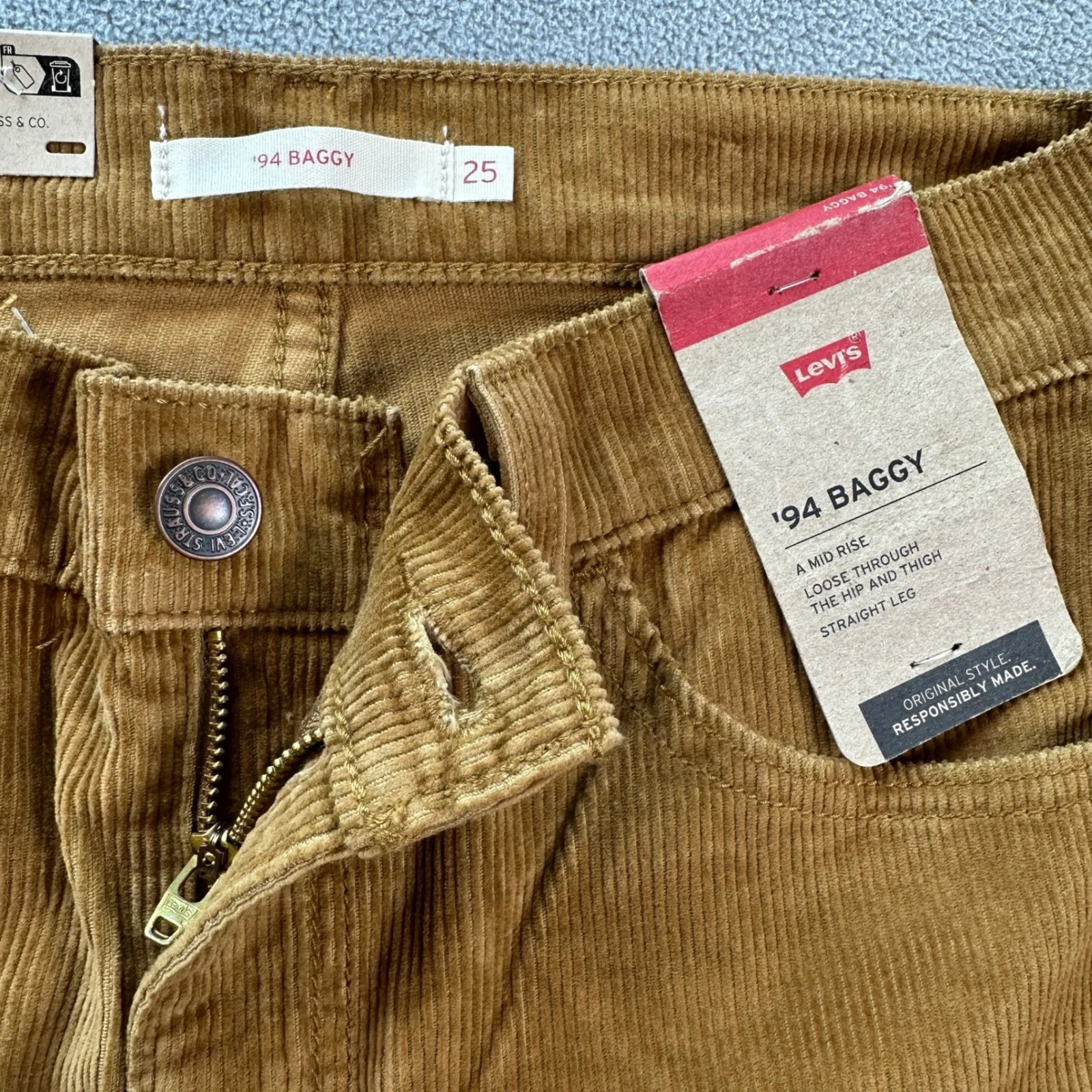 NWT Levis 94 Baggy Corduroy Jeans Womens 25x31 Brown Pants Mid Rise Straight Leg - Image 6