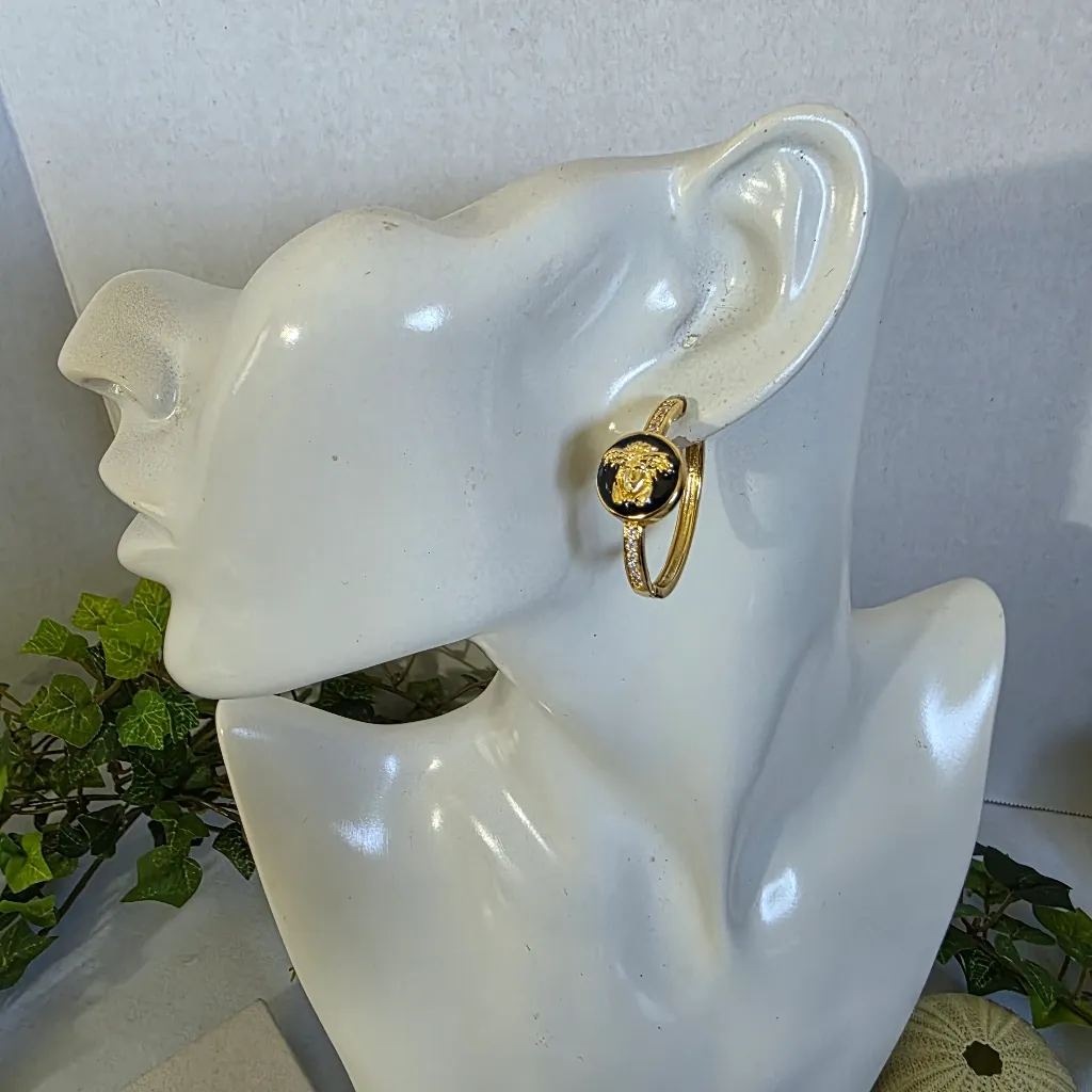 Gold Filled Huggie Hoop Earrings Medusa Design with Pave Crystals - Image 6