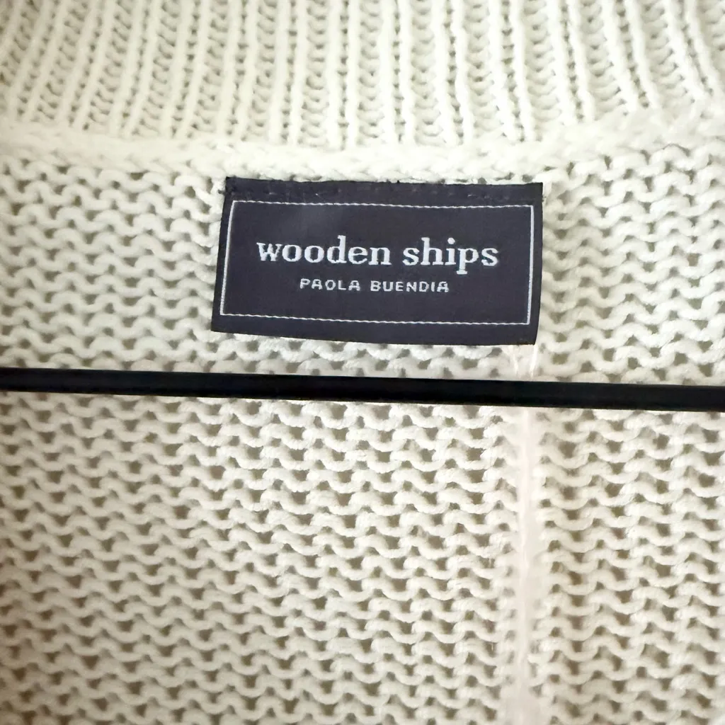 Wooden Ships Loose Knit Short Sleeve V-Neck Sweater in Tan & White Stripe S/M - Image 4
