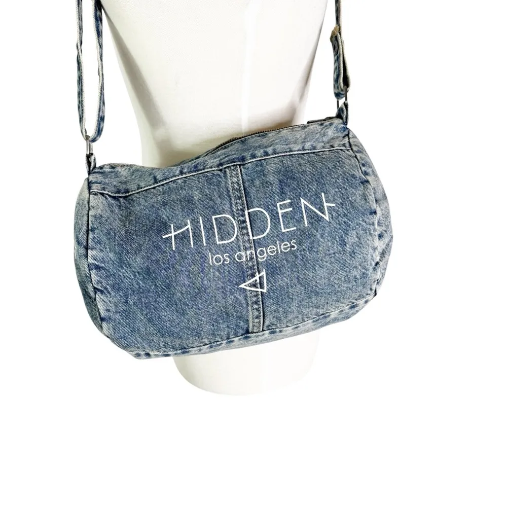 Hidden Los Angeles Denim Barrel Crossbody Shoulder Mini Tote Bag Blue - Image 4