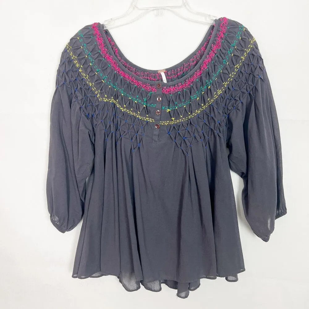 Free People Puff Sleeve Embroidered Oversized Bohemian Chic Flowy Womens Top XS - Image 2